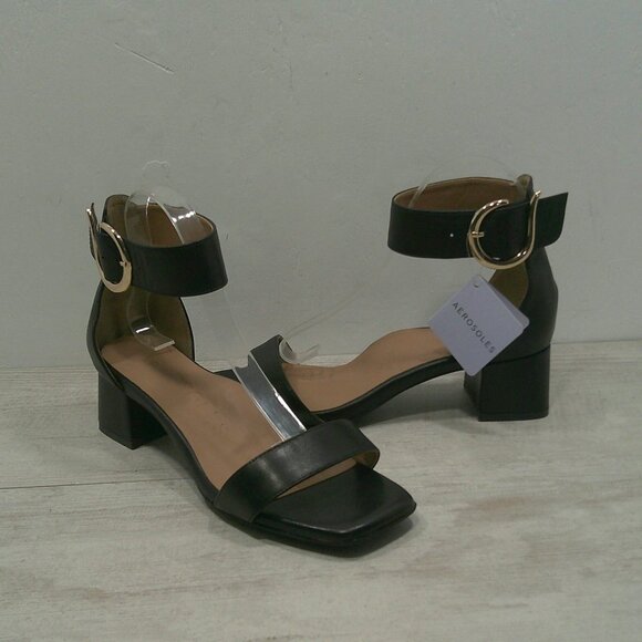 Aerosoles Eliza Black Leather Sandals with Gold Buckle block heel Size 10 W Wide - Picture 1 of 16